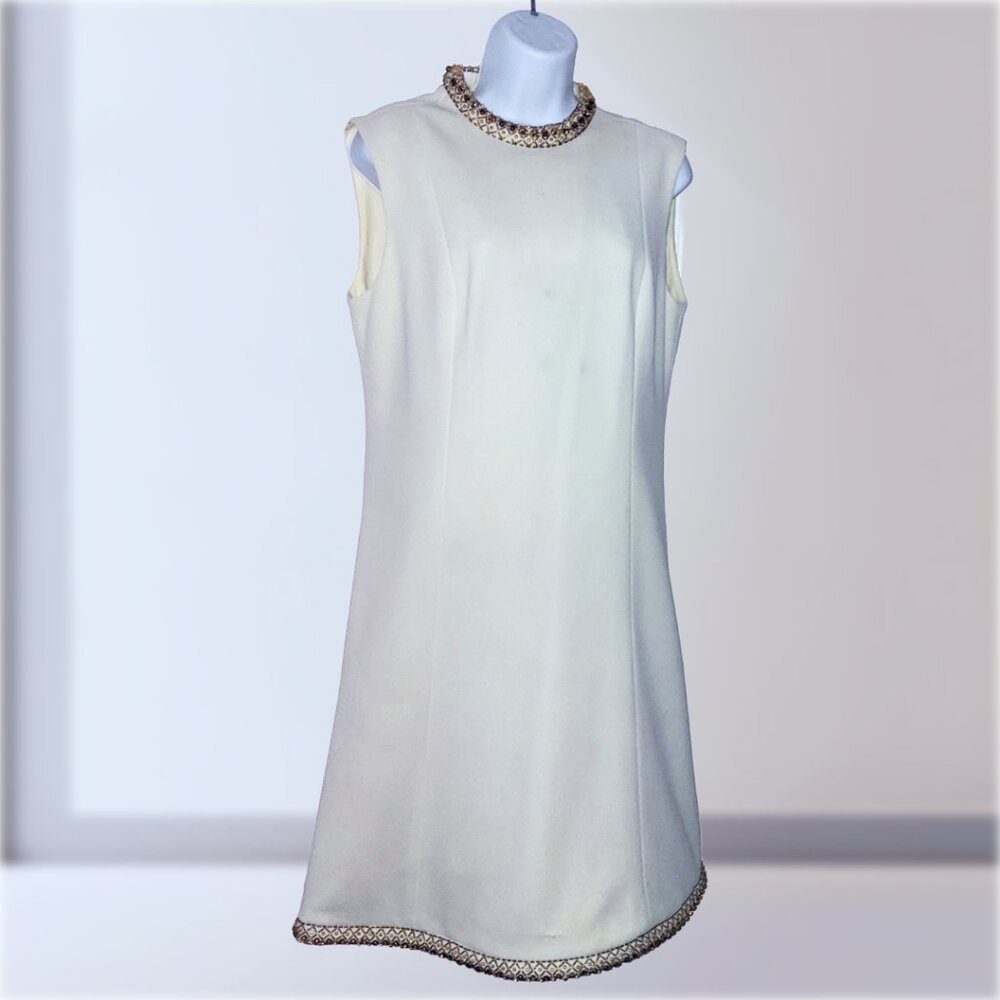 Vintage Cream and Gold Embroidered Sleeveless Shift Dress